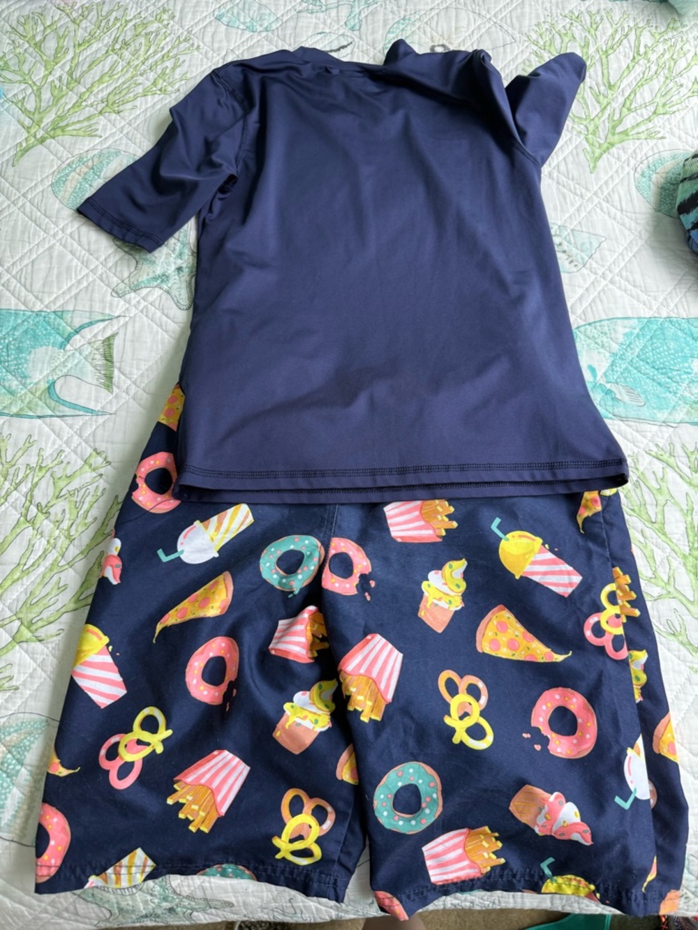 Kids large Navy Cat & Jack Rashguard and large Cat & Jack snack swim trunks